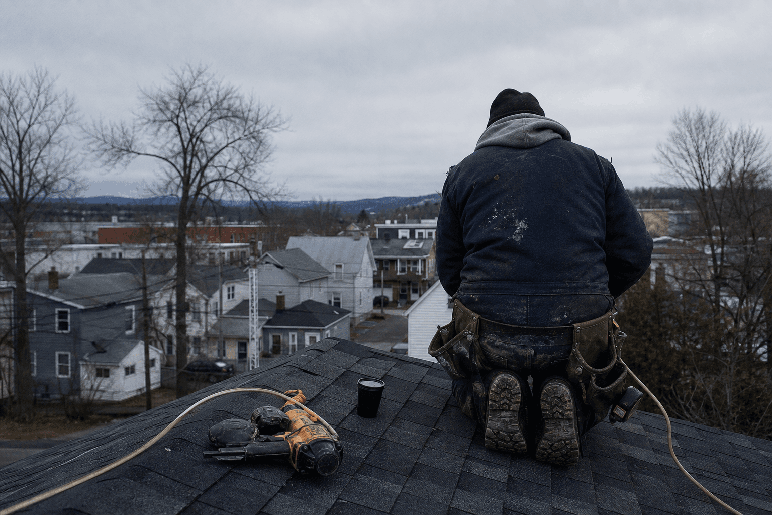 Un couvreur agenouillé sur un toit de bardeaux, au-dessus des maisons d’une ville du Québec, tôt le matin.